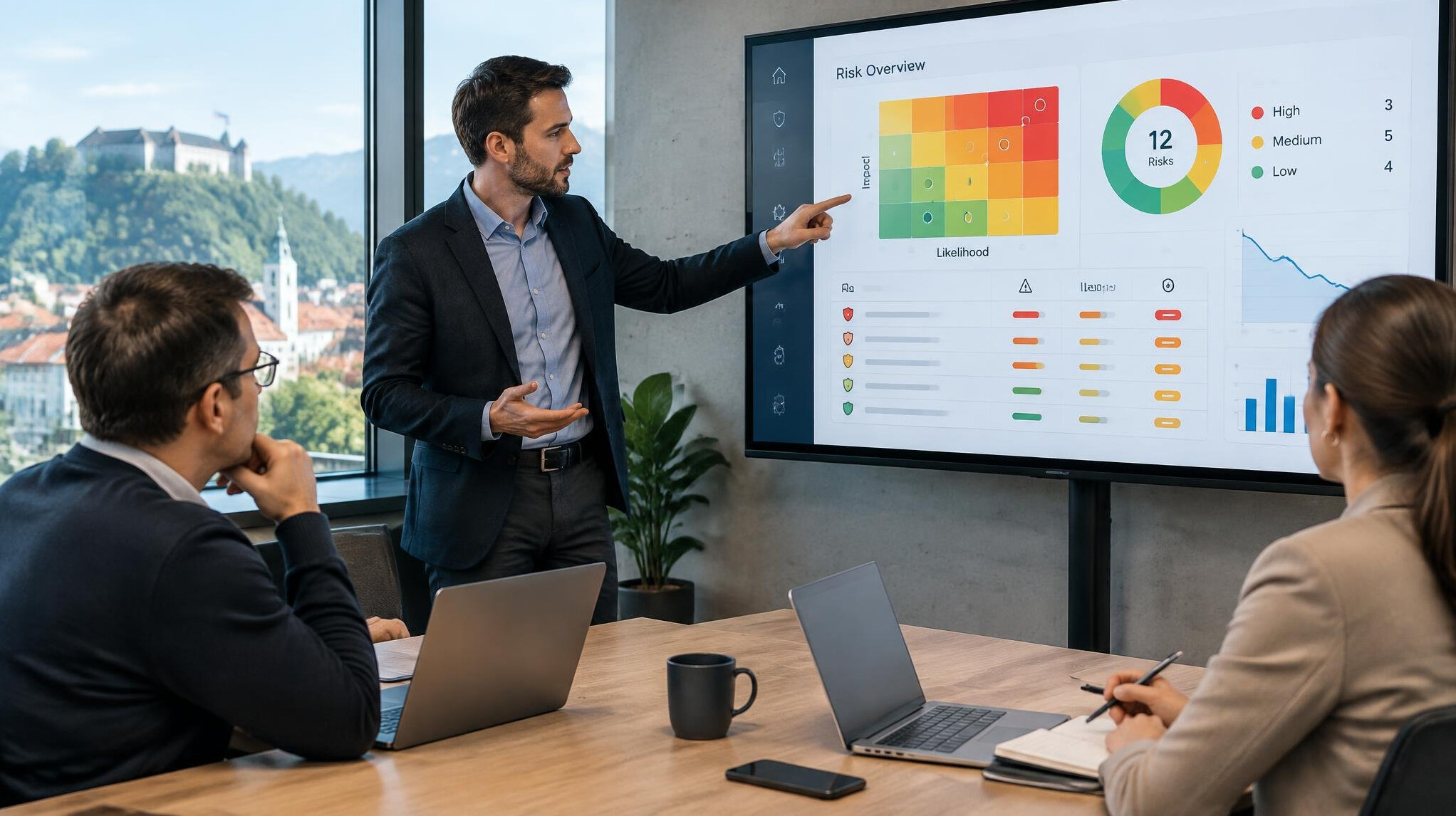 Developer presenting software dashboard on a large screen to colleagues