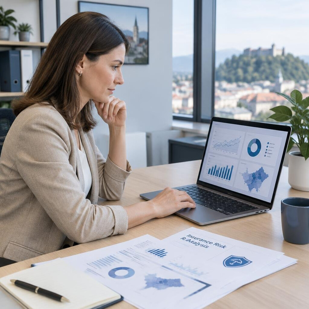 Professional working on insurance software at a desk with laptop and documents